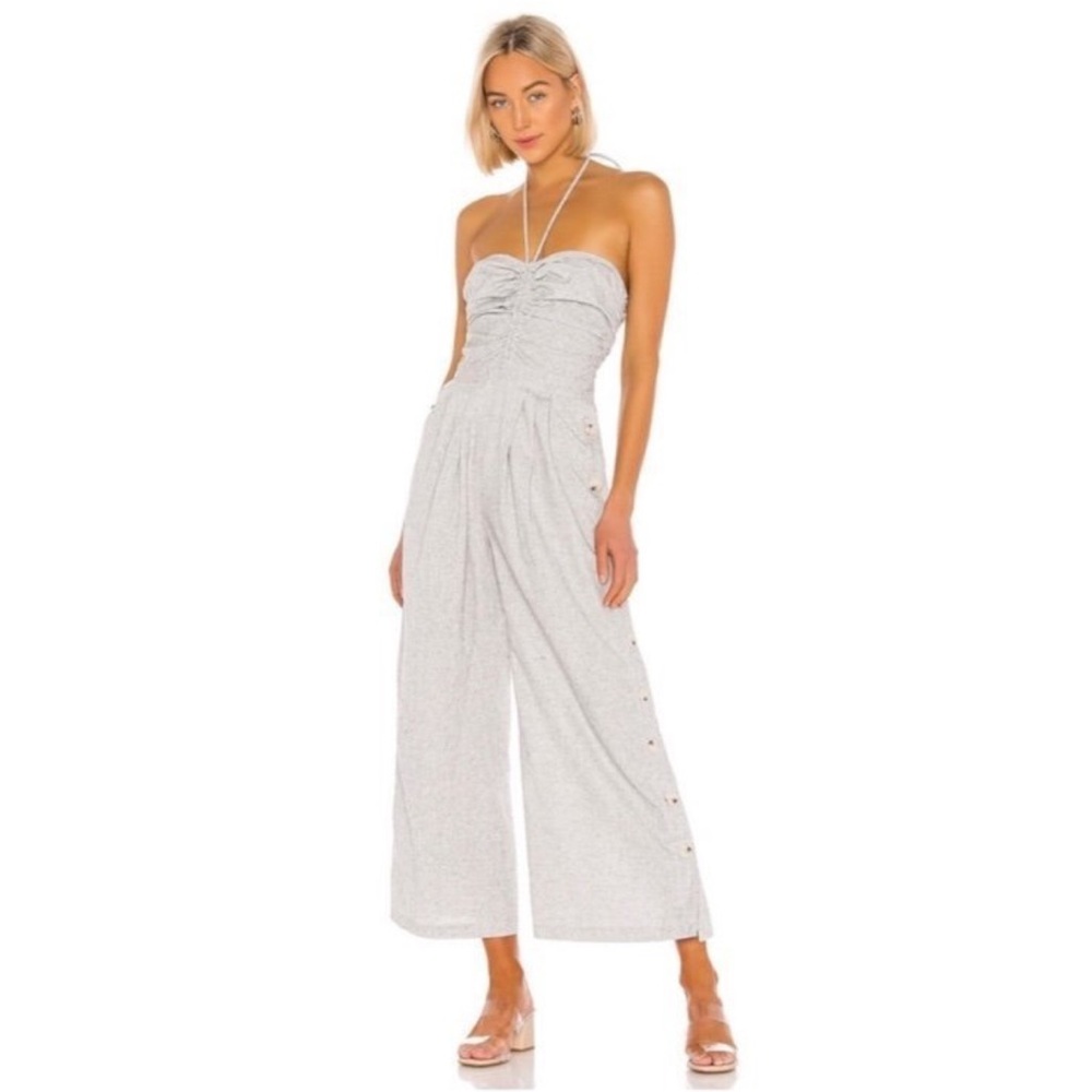 L'Academie Light Gray Linen Tie Neck Ruched Jumpsuit